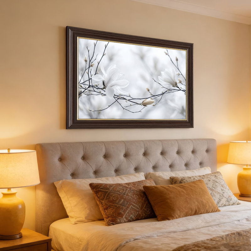 Art mural antique sur toile encadré doré pour le salon, la chambre à coucher, le bureau ou le vestibule - Décoration murale décorative avec fleurs blanches