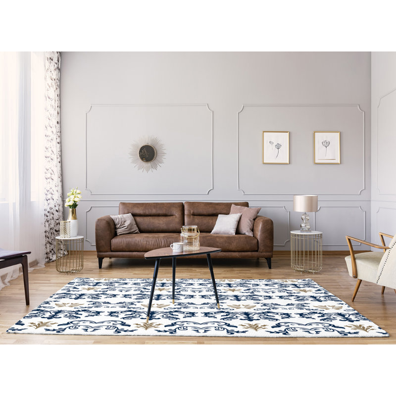 Tapis damassé blanc / bleu marine, Rectangle 5 pi x 7 pi