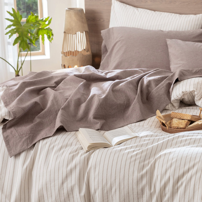 MooMee Flat Sheet 100% Washed Cotton Linen Like Textured Breathable Lightweight, King Flat Sheet, Mauve Brown
