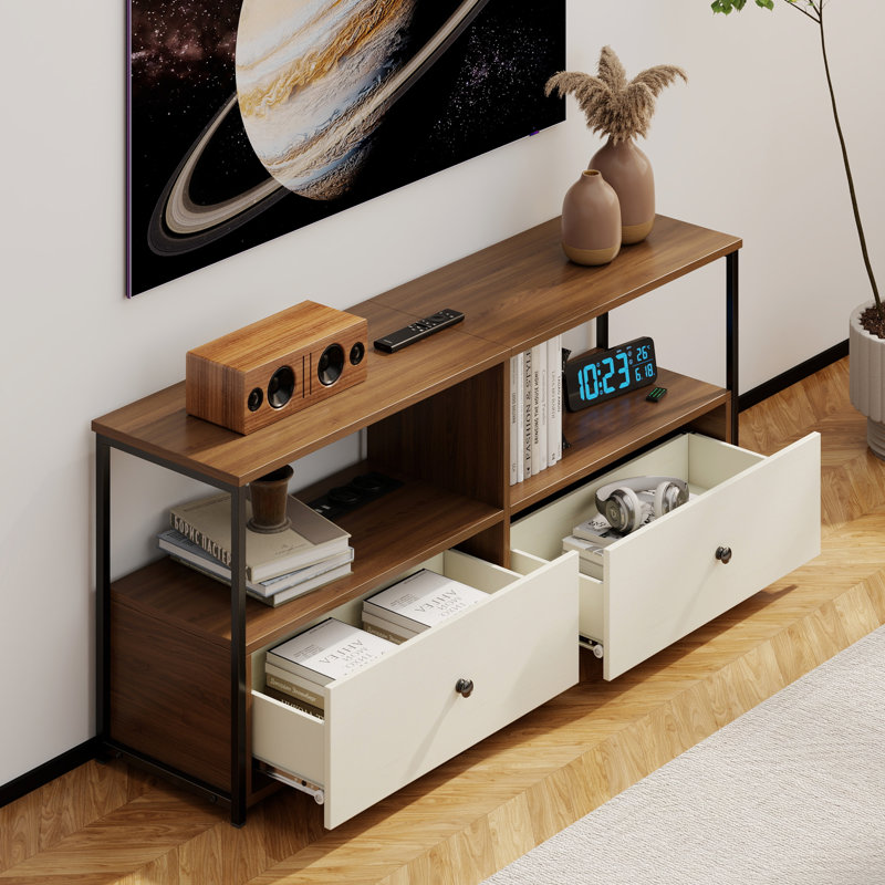 Athena TV Stand For Tvs Up To 65", Media Console With Two Drawers, Charging Station For Living Room, White/Rustic Brown