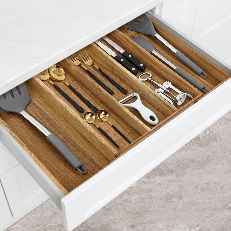 Rangement à ustensiles de luxe en acacia - Organisateur de tiroir de cuisine - Porte-ustensiles et range-ustensiles avec séparateurs de tiroir rainurés pour couverts et ustensiles de cuisine (5 fentes)