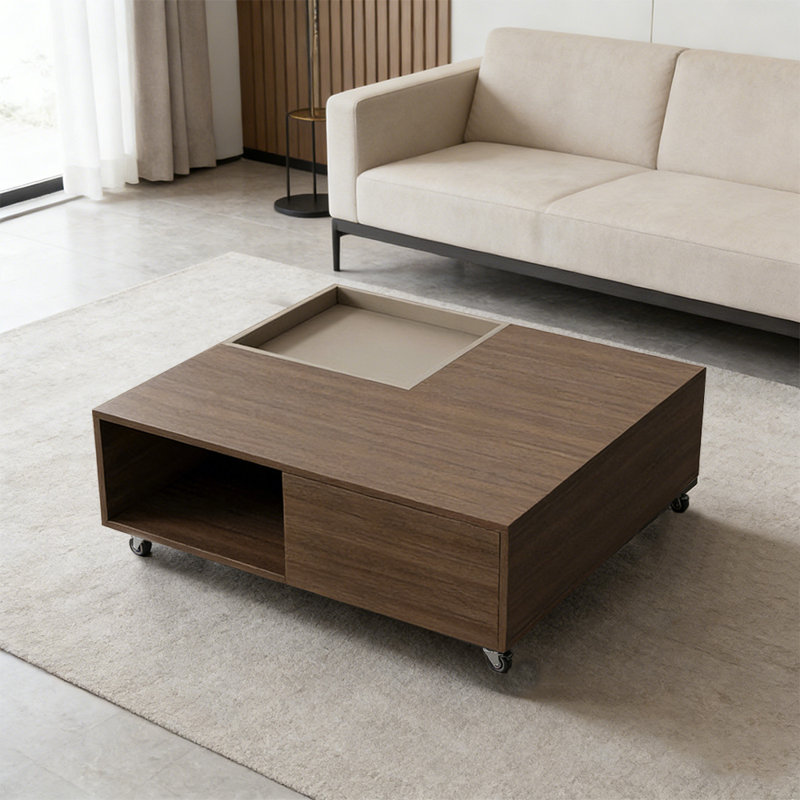 Table basse avec roulettes pour petit appartement, Brun noyer, 13.38" H x 39.37" L x 39.37" W, Light Gray/Nut Brown