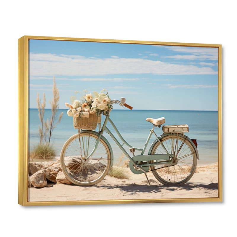 Vélo à pédales tranquilles près de la plage - impression, H 24 po x l 32 po x P 1 po, Cadre flottant doré