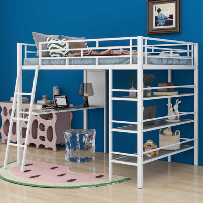 Lit mezzanine en métal avec 3 couches de tablettes et bureau Adwin
