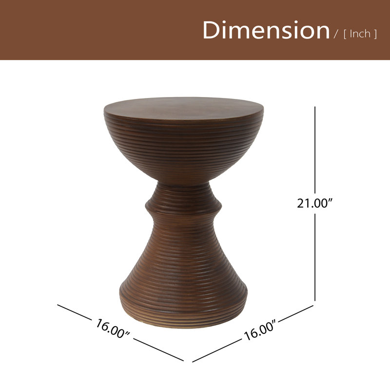 16" Ribbed Brown Concrete Outdoor Side Table With Hourglass Design – Weather-Resistant Accent