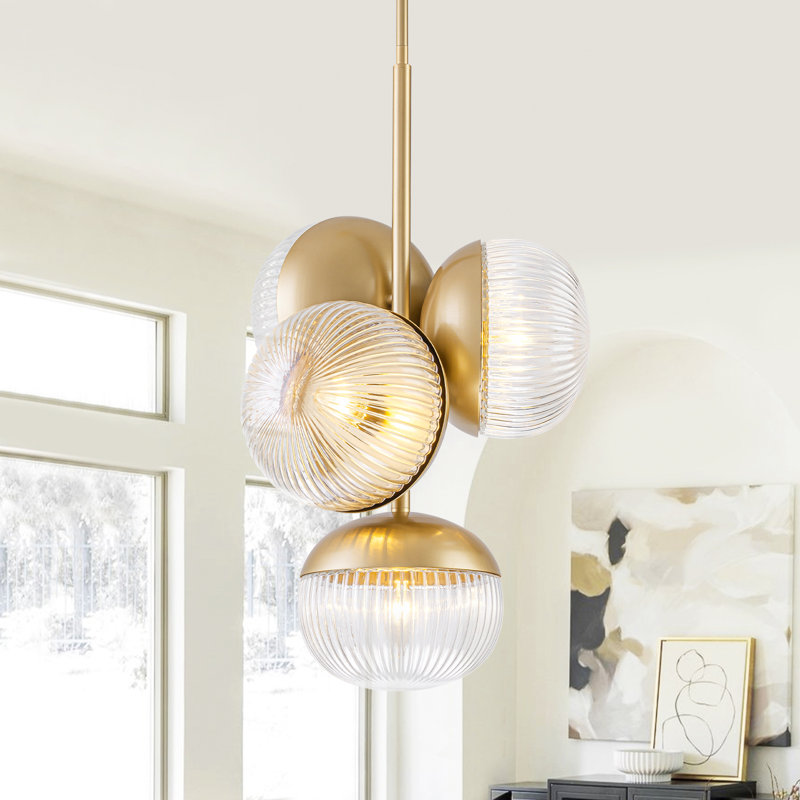 Luminaire suspendu en forme de globe 4 lumières, lustre Mid-Century doré avec verre nervuré, plafonnier convertible semi-encastré réglable