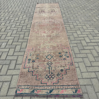 Tapis de couloir en laine beige 33,9 x 144,5 po Vintage