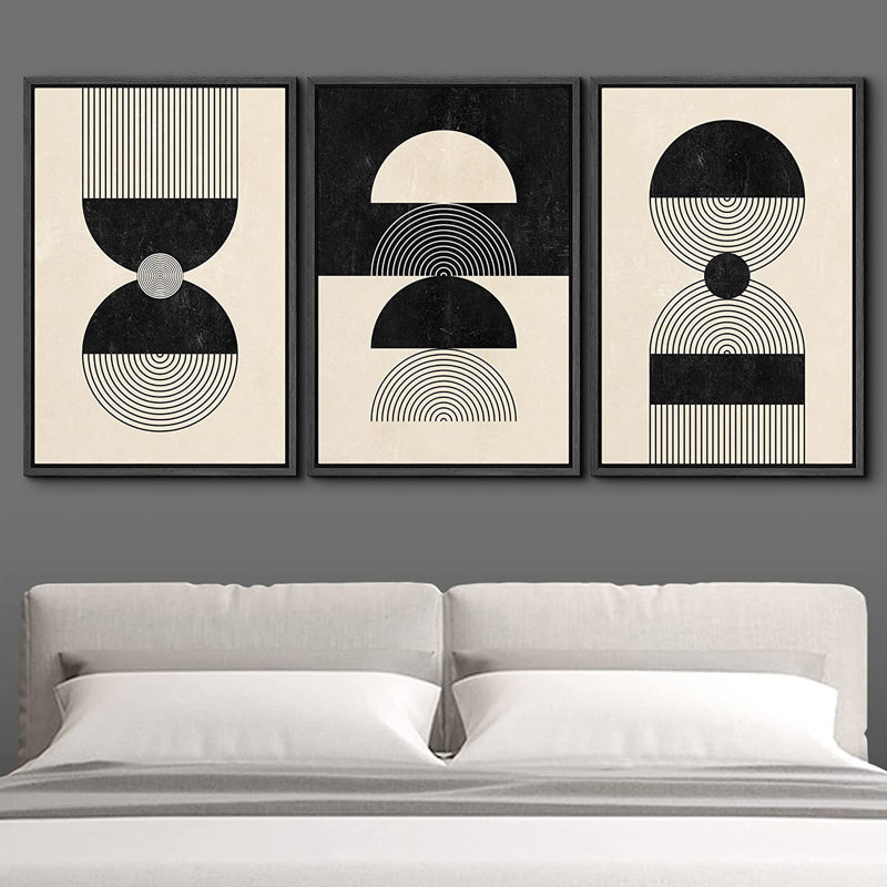 Mid Century Modern Boho Geometric Black Tan Striped Circle Polygon Collage Abstract Shapes - 3 Piece Floater Frame Graphic Art Set on Canvas