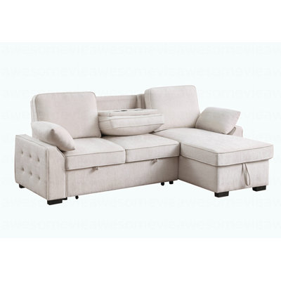 Modern 91"W Beige Chenille Fabric Reversible Sleeper Sectional With Storage Chaise, Drop-Down Table, Cup Holders And Charging Ports