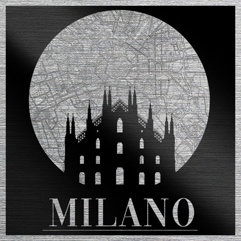 Large Milano Map - Print on Metal, 29cm H x 29cm W, Grey Framed
