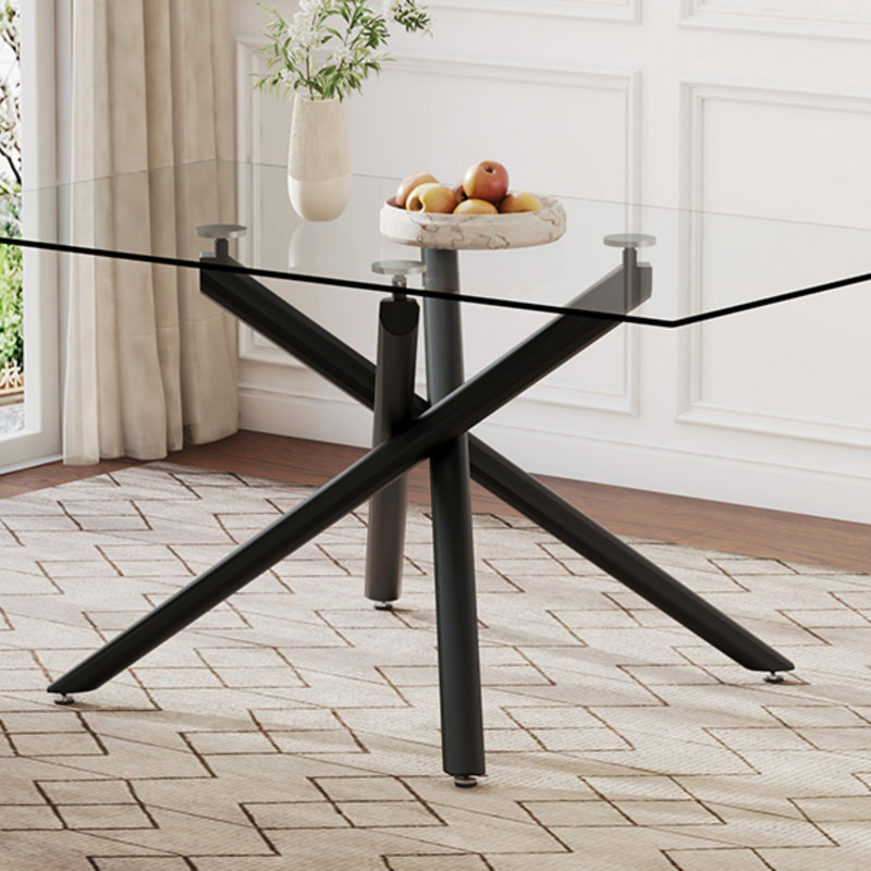 Grande table de salle à manger rectangulaire moderne en verre pour 4 à 6 personnes avec plateau en verre trempé de 0,39 po et pieds en métal, pour la salle à manger, la salle de réunion, la salle de banquet