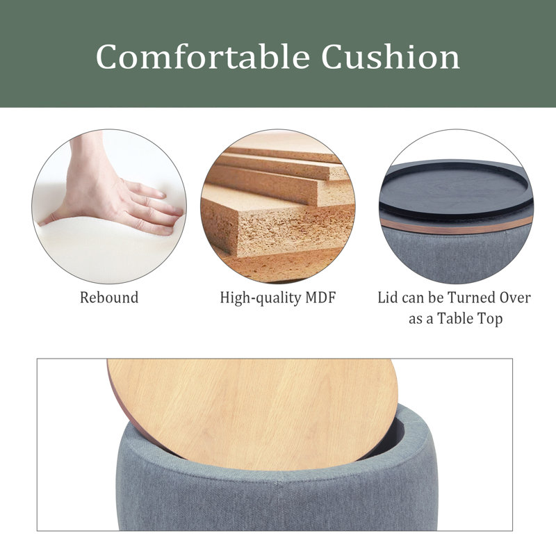 Round Storage Ottoman, 2 In 1 Function, Work As End Table And Ottoman, Dark Grey