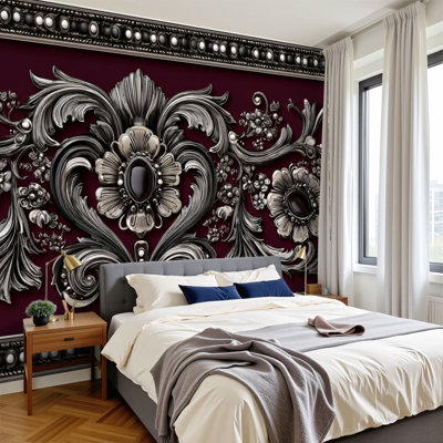Vintage Damask Peel and Stick Wallpaper Luxurious Royal Damask Silver Filigree Baroque Scrolls Wall Murals 100"H x 144"W Removable PVC Wall Paper Self-Adhesive Wall Decor for Bedroom Living Room Home Office