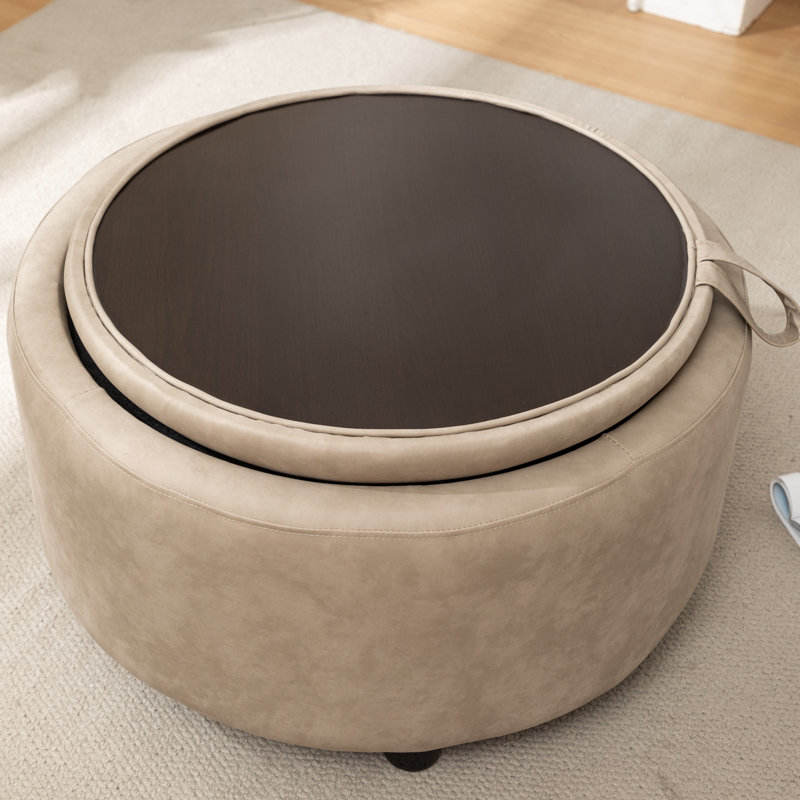 Savinien Upholstered Round Storage Ottoman, Gray Performance Faux Leather