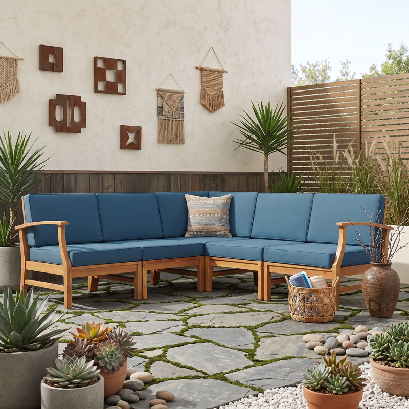 Ensemble de canapé d'extérieur modulaire 5 pièces en bois d'acacia avec coussins résistants à l'eau pour terrasses, Bleu