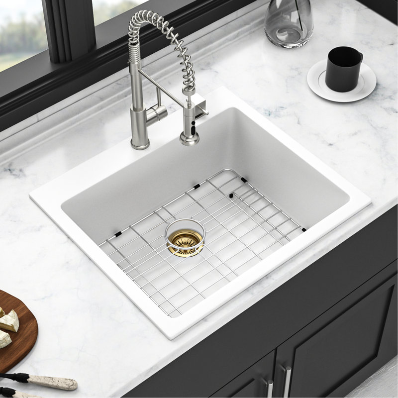 Évier de cuisine encastré en quartz blanc 25 x 22 po, quartz composite haut de gamme, réduit les taches de saleté, livré avec grille de fond et accessoires d'installation, évier 25 x 22 po, fonction silencieuse et épaisse, non poreux