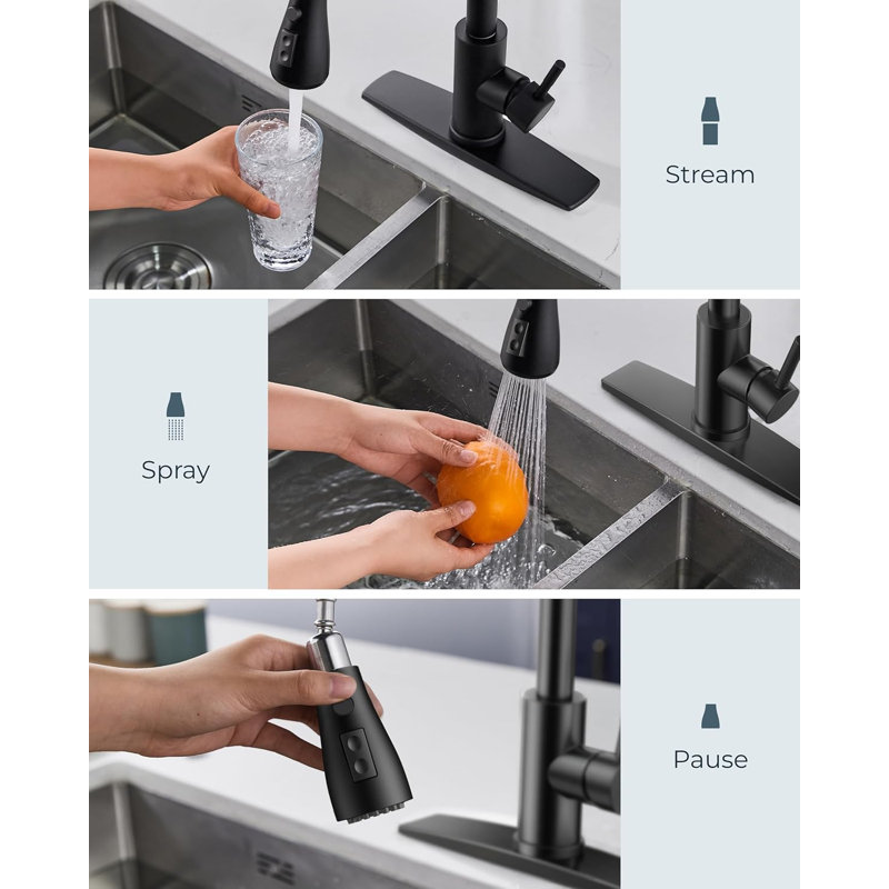 Matte Black Single Handle Pull Down Kitchen Faucet with Soap Dispenser