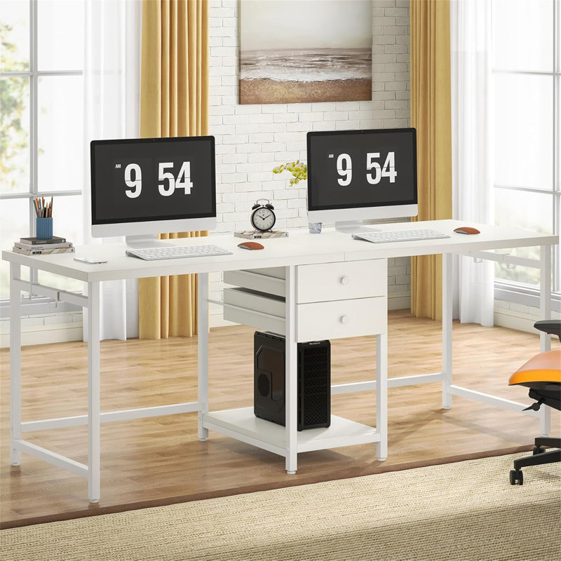 79-Inch Two Person Computer Desk With Drawers And Storage Shelves, Extra Long Double Workstation Table With Hooks, Industrial Writing Desk For Home Office, White