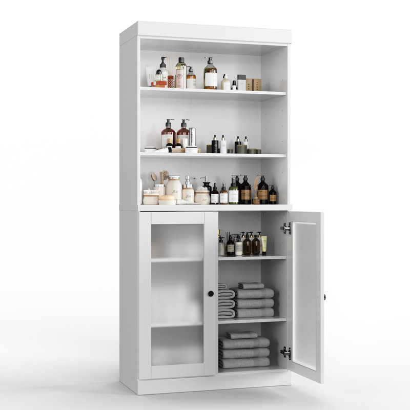 Armoire de salle de bain 100% bois massif 32 po avec portes en verre givré et tablettes réglables, Blanc