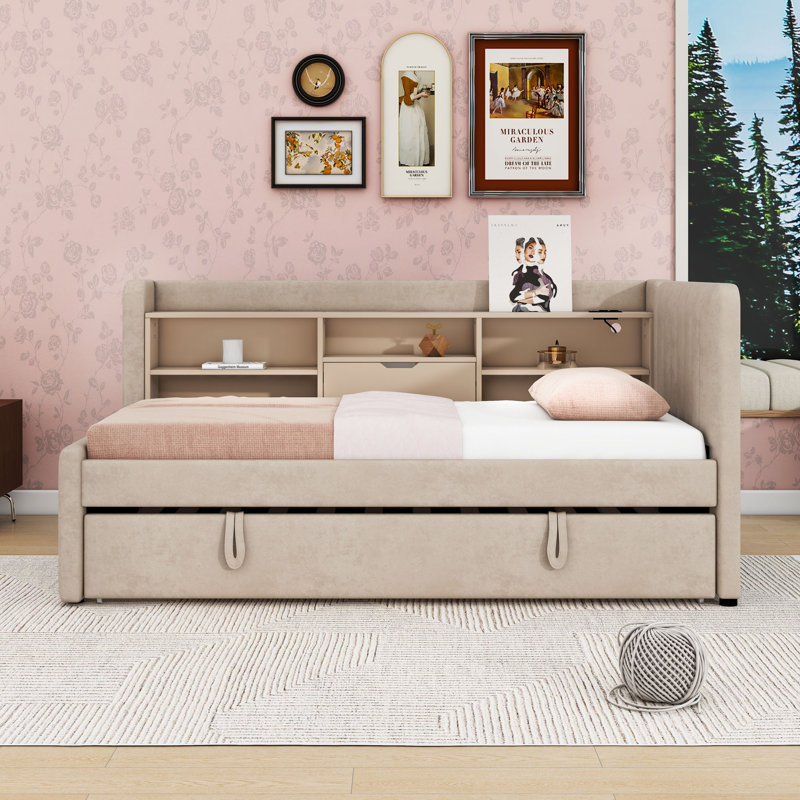Twin Upholstered Daybed with Pull-Up Trundle, Storage Shelves and Charging Station, Beige
