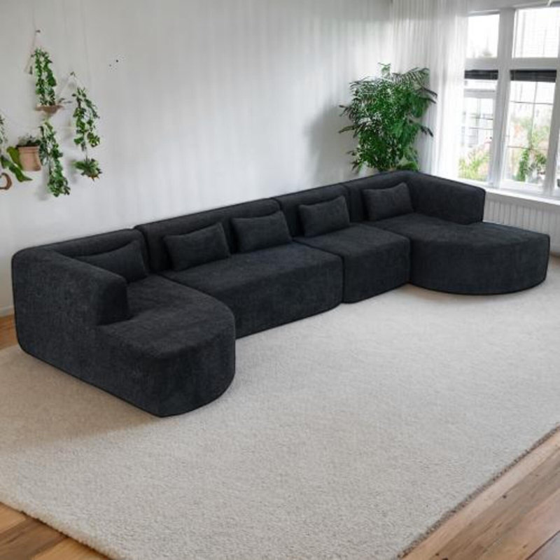 Canapé modulaire Boucle avec méridiennes incurvées et support de coussin à ressorts ensachés, revêtement doux et respirant pour le salon