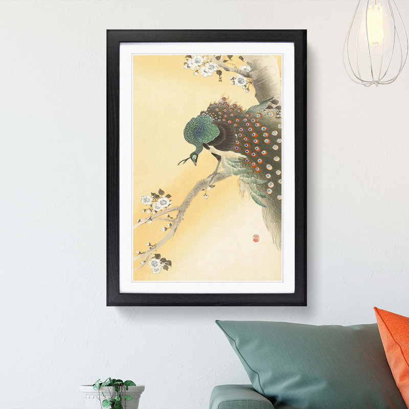Peacock on a Cherry Blossom Tree by Ohara Koson - Picture Frame Painting Print, 36cm H x 27cm W x 2cm D, Black Framed