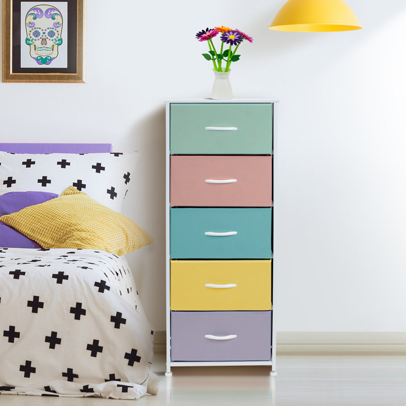Sorbus Narrow 5 Drawers Nightstand with Steel Frame, Wood Top, & Fabric Bins, Pastel