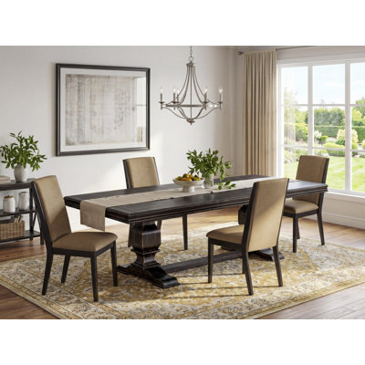 Cet ensemble de salle à manger 5 pièces se compose d'une table de cuisine rectangulaire et de 4 chaises de salle à manger en tissu de lin sable clair avec pieds noirs - Finition sable
