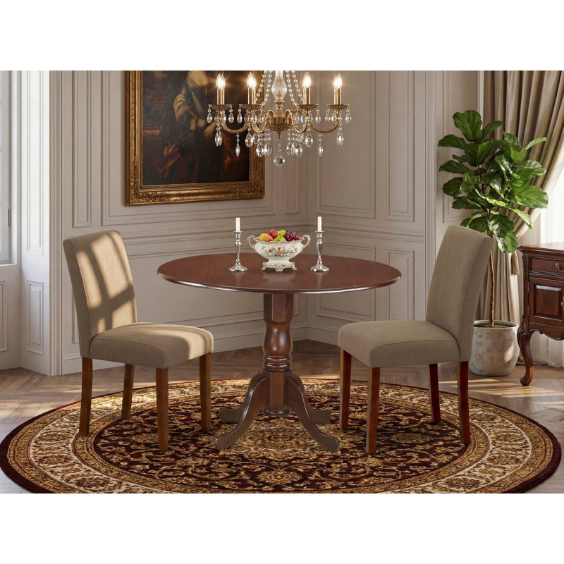3 Piece Dining Set Contains a Round Dining Room Table with Dropleaf and 2 Coffee Linen Fabric Upholstered Parson Chairs, 42x42 Inch, Mahogany