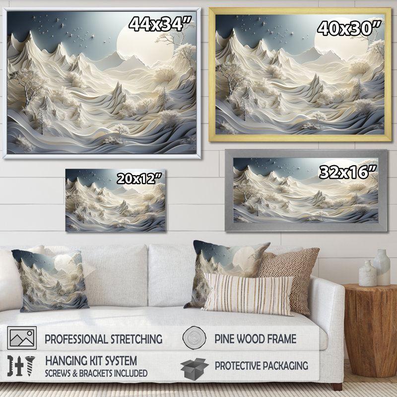 Abstrait Snowy Winter Mountains III - Art abstrait paysage mural, Cadre flottant doré, H 12 po x l 20 po x P 1 po