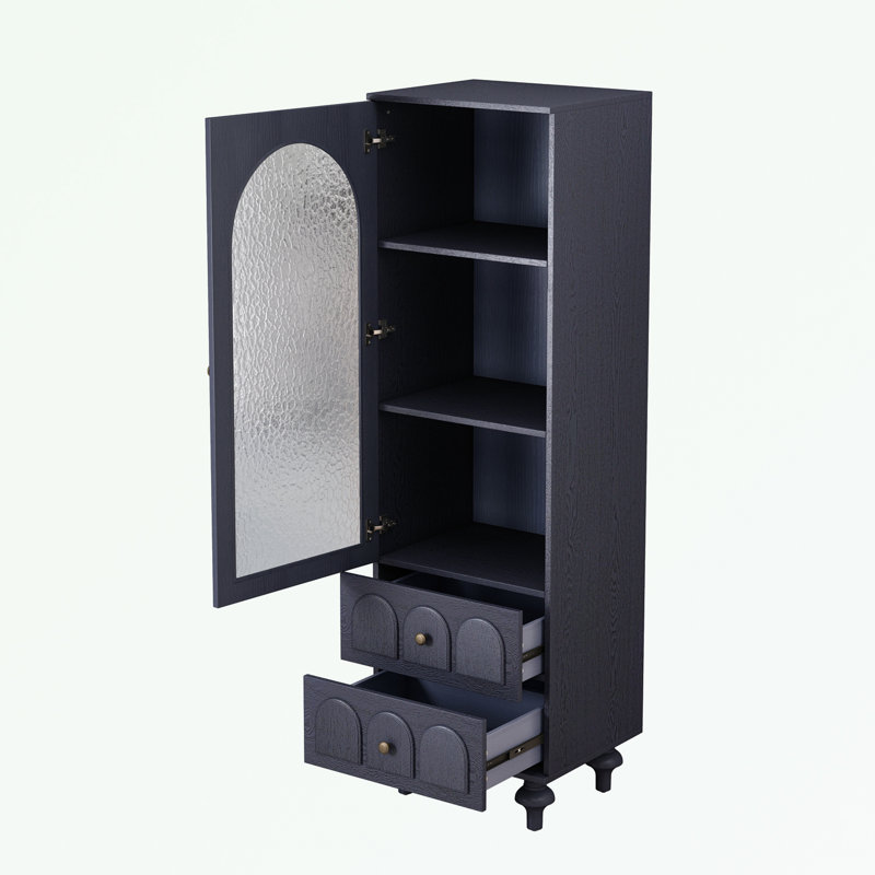 Grande armoire de rangement avec porte en verre trempé, deux tiroirs et tablette réglable pour une organisation polyvalente