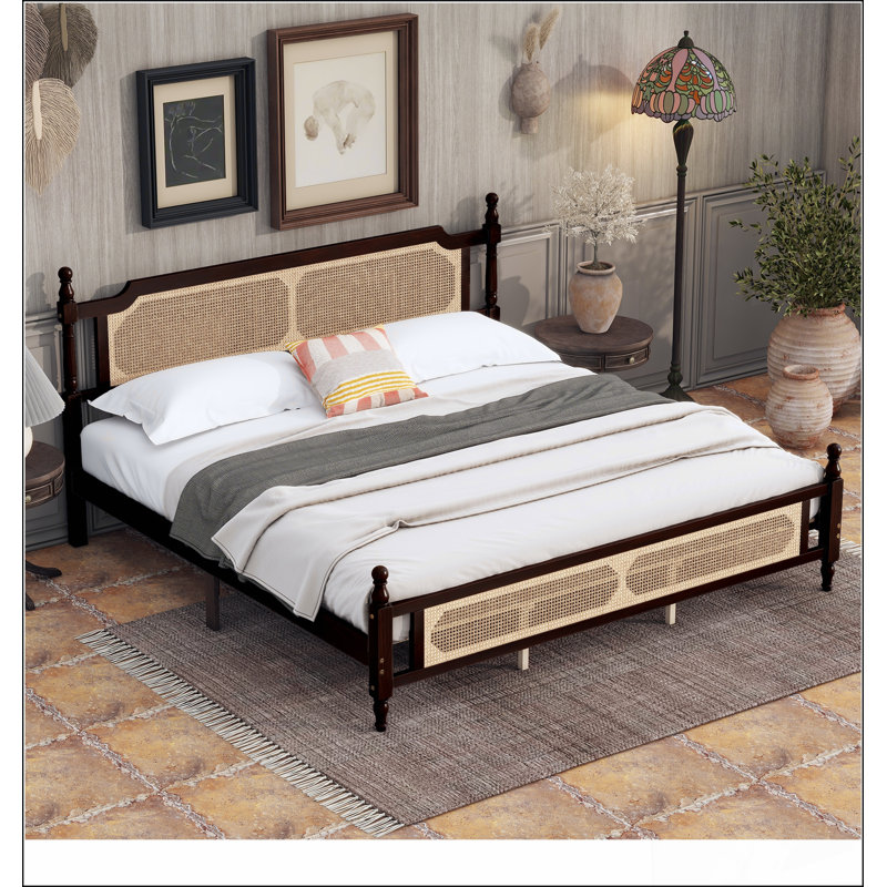 Lit en bois de pin avec tête et pied de lit en rotin, plateforme de lit central amélioré pour un soutien supérieur, espresso