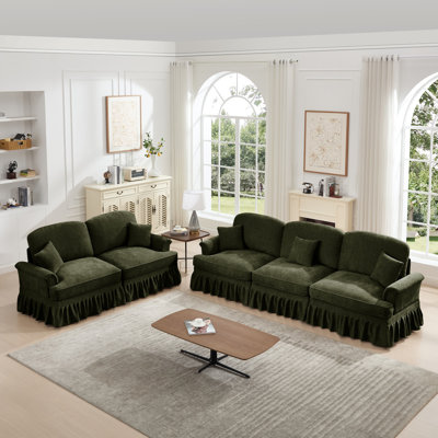Classic 2 Piece Modular Couch Living Room Sofa Set With Flared Arms And Removable Ruffles Pleats Skirts And Spindle Legs, 3 Seater Sofa + 2-Seat Loves by Red Barrel Studio