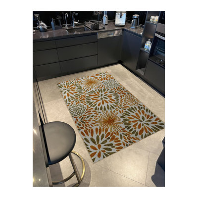 Orange Themed Leaf and Flower Patterned Creative Modern Decorative Washable Rug