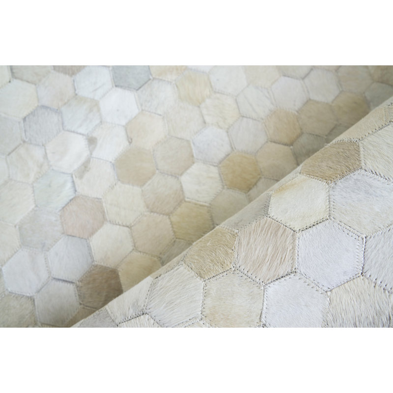 Mosaic Cowhide Geometric Area Rug in Ivory