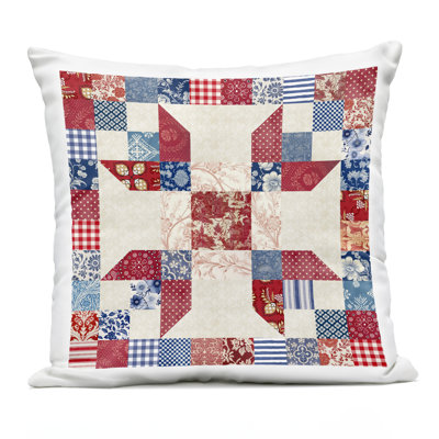 Red & Blue Traditional Quilt Pattern Design by Susan Arnot Outdoor Printed Pillow