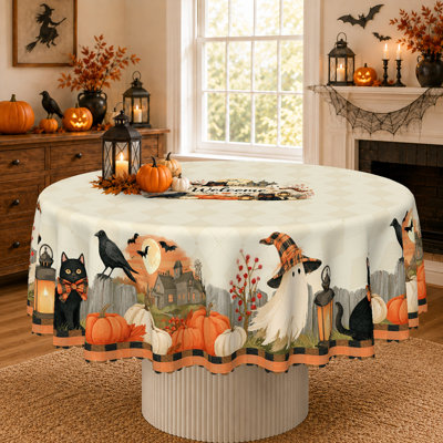 Nappe vintage d'Halloween « Bienvenue » – Motif citrouille et fantôme enchanté – Nappe décorative lavable et facile d'entretien