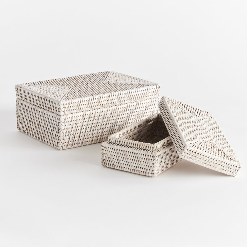 Burma Rattan Rectangular Lidded Boxes, White