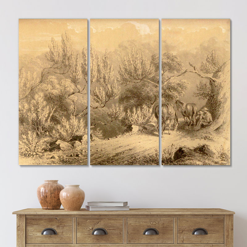 Vintage Cowboys in the West - 3 pièces, peinture sur toile tendue, H 28 po x l 36 po x P 1 po