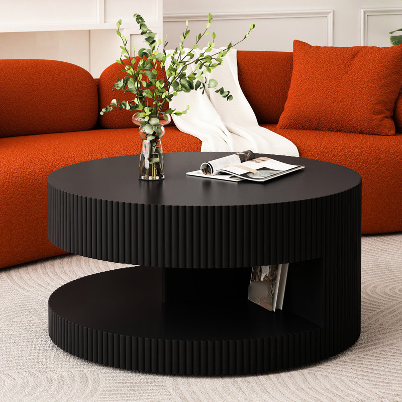 Table de bout moderne 31,5 po ronde, noire. Élégant pour tous les espaces. Fabrication, espace de rangement supplémentaire Table basse ronde noire 31,5 po, avec rayures verticales et fonctionnalité, salon et chambre à coucher, facile à