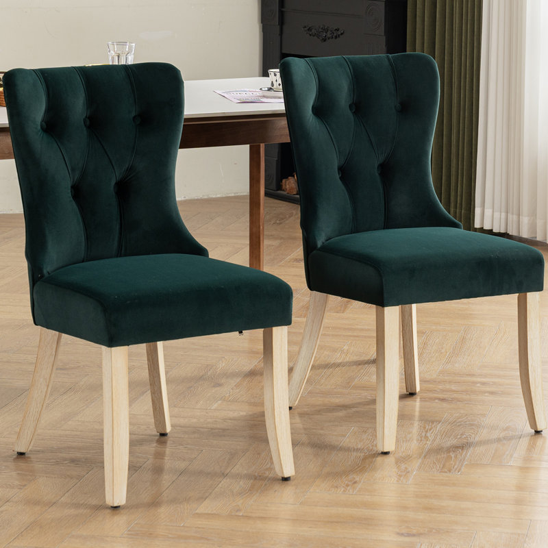 18.9'' Seat Height Mid Century Modern Dining Chairs With Solid Wood Legs, Upholstered Armless Dining Room Chair Side Chair For Kitchen Bedroom Reading Nook, Green Suede Velvet