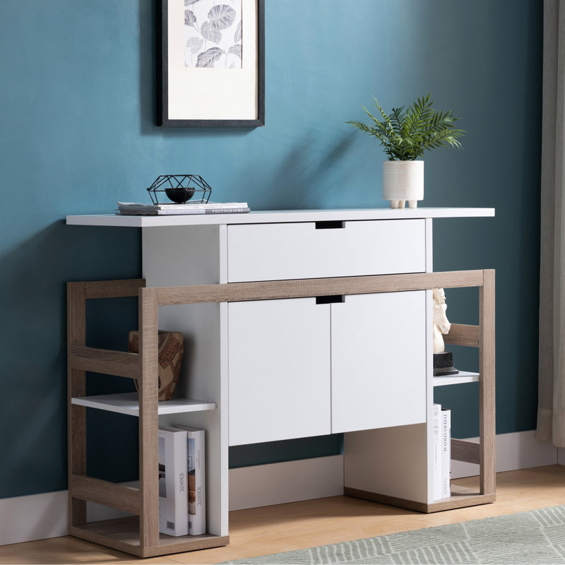 Buffet de cuisine blanc et taupe foncé - 4 tablettes, 1 tiroir, 2 armoires, solution de rangement élégante et moderne avec tablettes ouvertes.