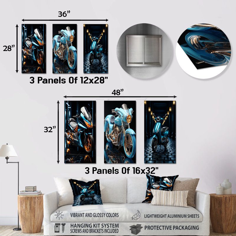 Blue Ride - ensemble d'art mural en métal moto de 3, H 32 po x l 48 po