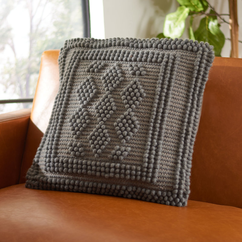 Darvey Embroidered Wool Blend Reversible Throw Pillow, Charcoal