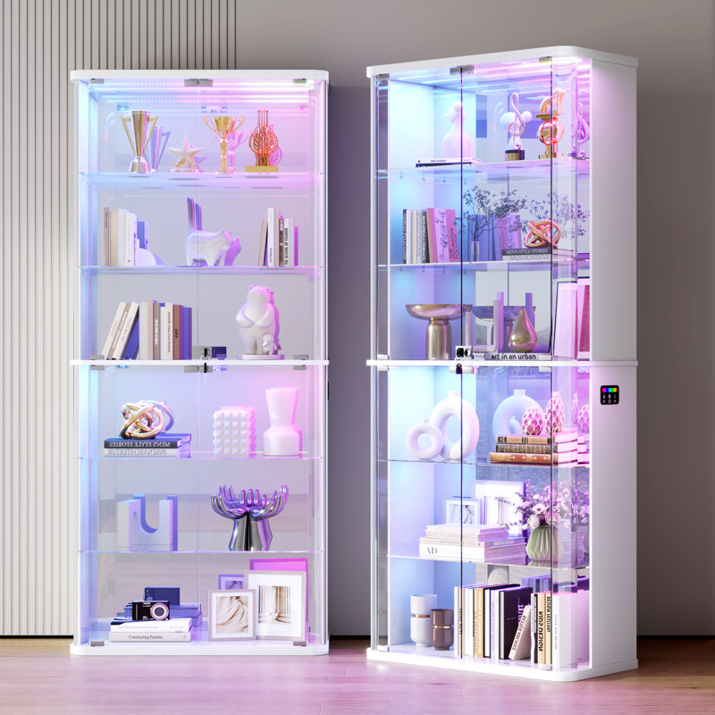70.9" T Glass Door Display Cabinet with RGB Light, 6-tier Rounded Corner Storage Cabinet with Human Body Sensor , White