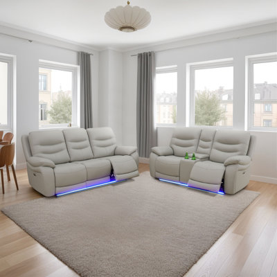 2-Piece Vegan Leather Power Reclining Living Room Sofa Set With Wireless Chargers And LED Lights by Latitude Run