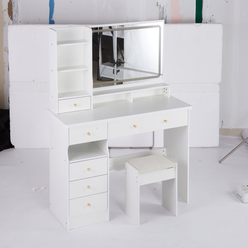 Meuble-lavabo de 41 po avec tiroir à gauche et tabouret rembourré, très grand miroir à DEL, Blanc