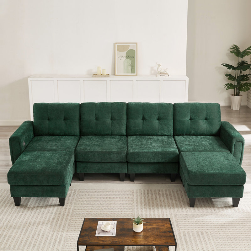 Canapé modulaire moderne en U de 115 po avec deux repose-pieds, ports USB et tables d'appoint, Vert
