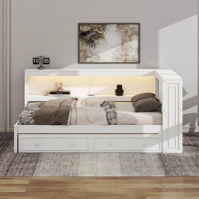 Lit d'angle pleine grandeur avec tiroirs de rangement, bibliothèque, lit de jour en forme de L avec lumières DEL et ports USB, structure de lit de jour en bois avec tête de lit bibliothèque
