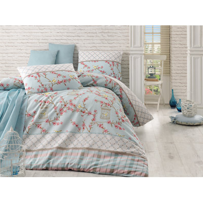 Luxurious King Quilt Cover Set, Turquoise & White with Beige & Pink Accents | 65% Cotton / 35% Polyester, 94.5 x 86.6 inches | Machine Washable, 120 Thread Count, Button Closure Duvet & Envelope Pillowcases (2 Pack)